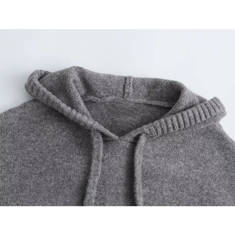 Casual Women Vintage Oversize Hooded Knit Sweatshirt Pouch Pocket Female Autumn Winter Pullover