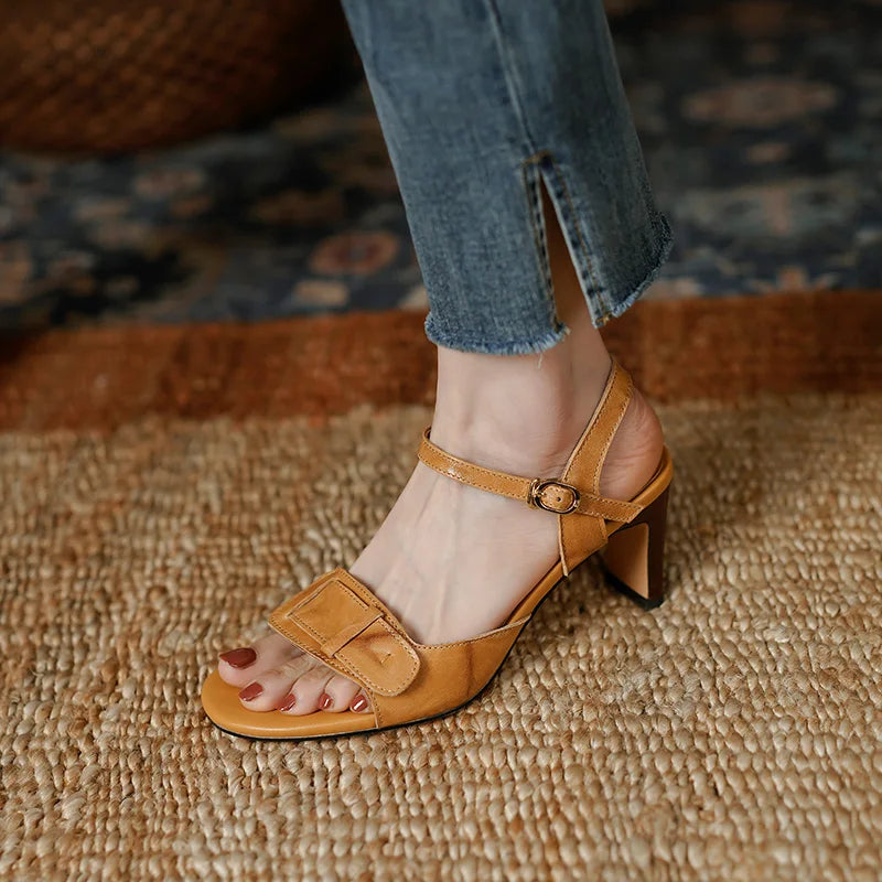 Vintage Leather Sandals Ladies Buckle Summer Sandals Thick High Heels Slingbacks Women Sandals