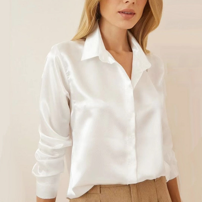 Vintage Women Satin Shirt Office Long Sleeve Blouse Spring Turn Down Collar Silk White Tops Elegant