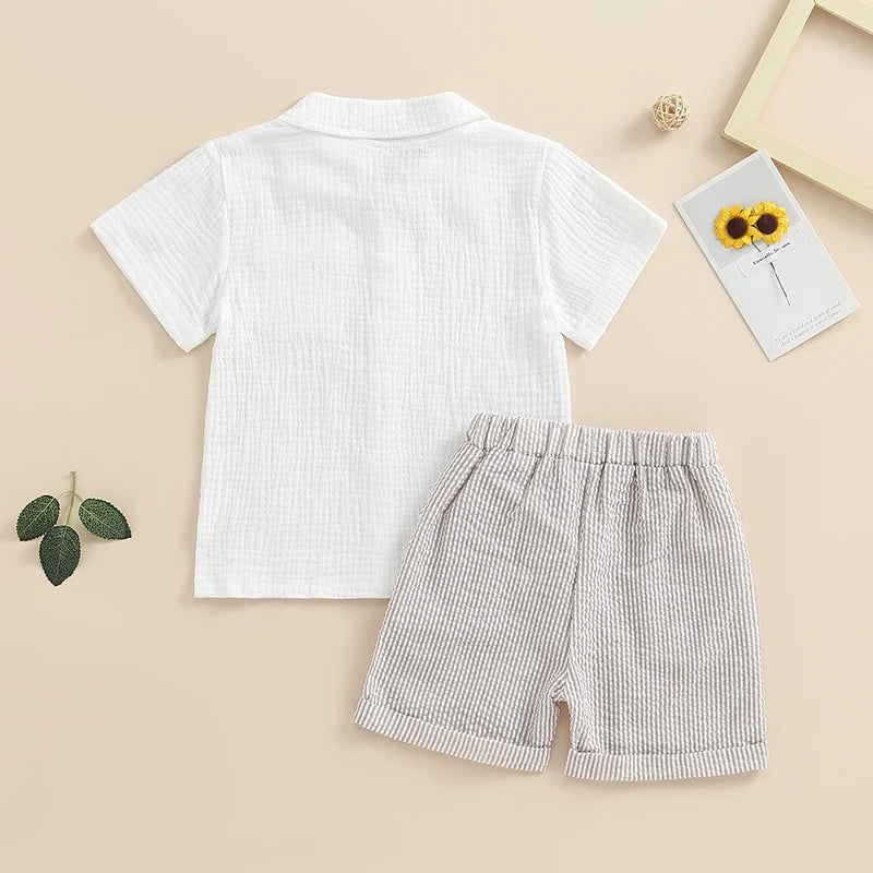 Summer Kids Boys Outfits Short Sleeve Button-Down T-Shirt and Elastic Stripe Shorts Clothes Set