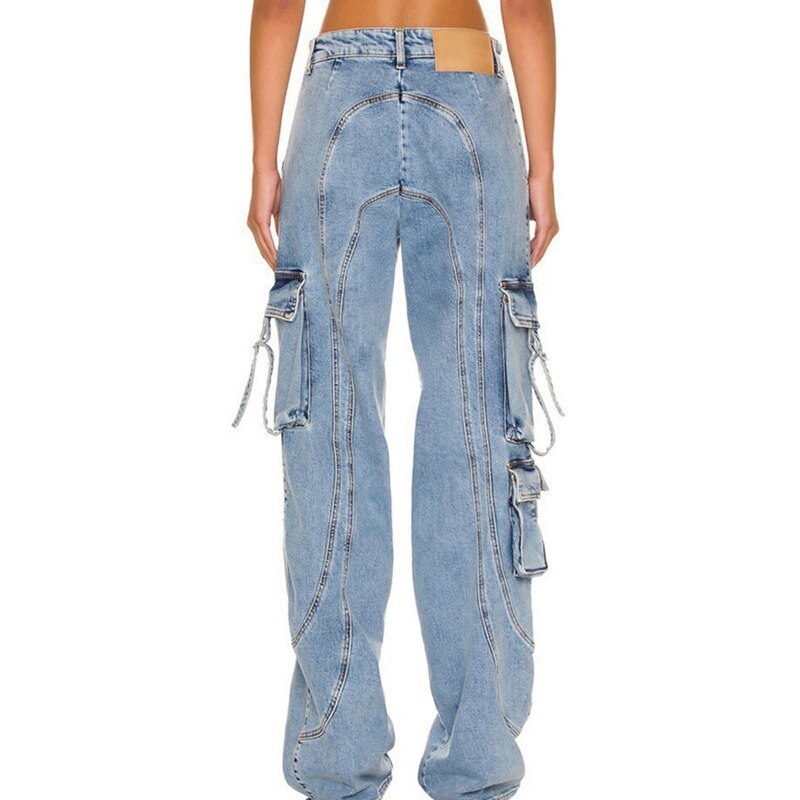 Women Denim Pants Spring Washed Multi Pocket Design Ladies Jeans Loose Casual Long Denim Trousers