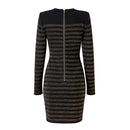 Autumn Spring Wool Blend Gold Threads Women Striped Knitted Vintage Dress