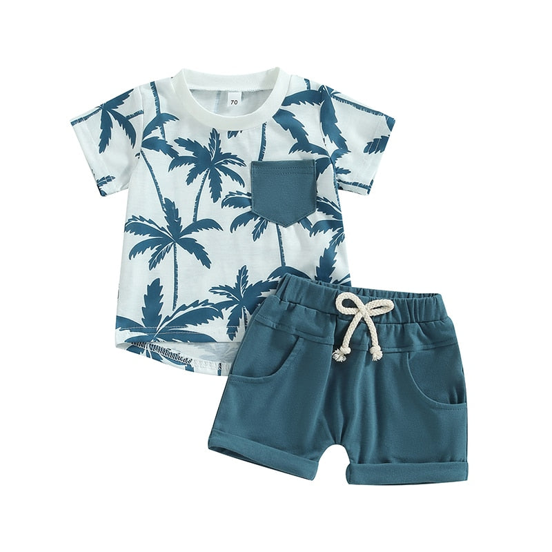 Toddler Infant Boy Summer Clothes Suits Beach Style Tree Sleeve Crew Neck T-Shirts and Elastic Waist Shorts 2Pcs Set