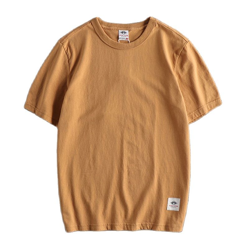 Summer Men Short Sleeved Retro Youth Solid Color Heavy Round Neck Simple All Match Loose Cotton Casual T-Shirt