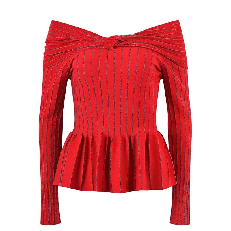 Spring Collection Slash Neck Striped Ruched Knitting Women Sweater
