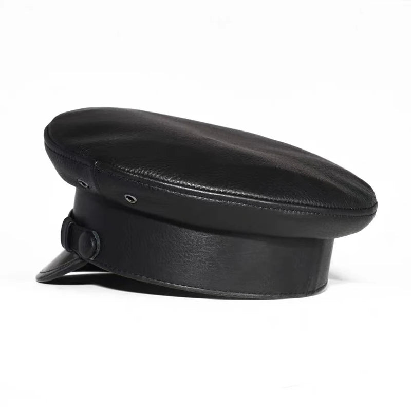 Leather Marine Captain Hat for Men Retro British German Short Brim Flat Top Military Caps Navy