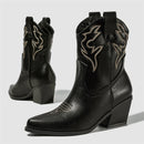 Embroidery Pointed Toe Ankle Boots Women Punk Square Heels Short Western Booties Shoes