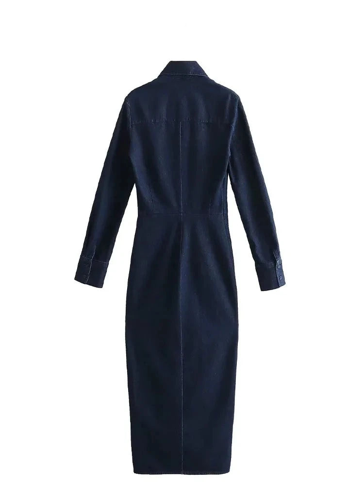 Autumn Female Solid Long Sleeve Denim Lapel Slit At Hem Midi Dress Streetwear Elegant Woman Zipper Long Dresses