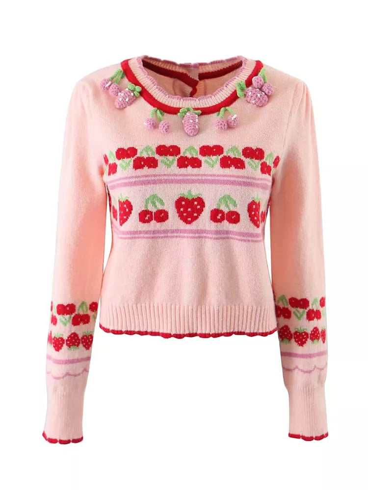 Women Sweet Pink Strawberry Cherry Thin Knit Sweater Female Crop Pullover Autumn Tops