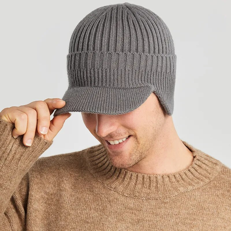 Men Winter Knitted Beanies Outdoor Cycling Ski Warm Wool Earflap Hat Short Brim with Earmuff Cap for Men Winter Hats skullies