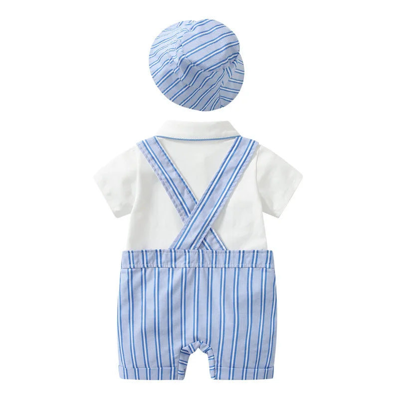 Baby Summer Boys Cute Blue Striped Overalls with Hat Solid T-shirt Children Casual Wear