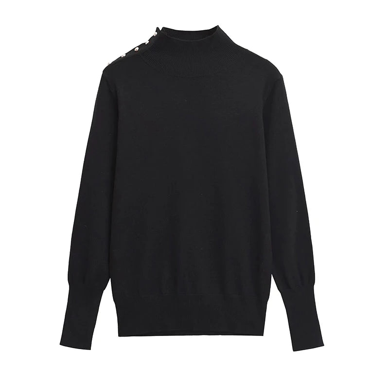 Spring Women Button Black Knitted Sweater Long Sleeves Mock Neck Female Chic Lady Tops