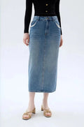 Spring and Summer Skin-friendly Blue Skirt Splicing Cut Pocket Slit Long Denim Skirt Female