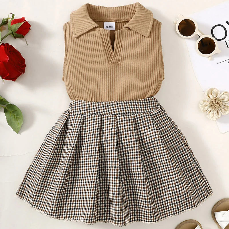 Kids Girls Summer Clothes Suit Sleeveless Lapel Knitting Vest Tops Short Skirt