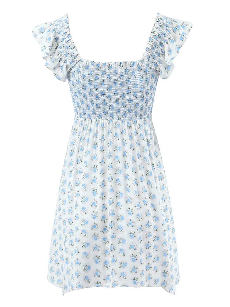 Spring Summer Vintage Casual Elastic High Waist Slim Flying Sleeves Square Neck Mini Short Dress Woman