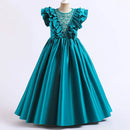 Baby Girls Flower Sequins Flying Sleeve Embroidery Dress Teenager Children's Embroidered Bow Tulle Satin Long Dress