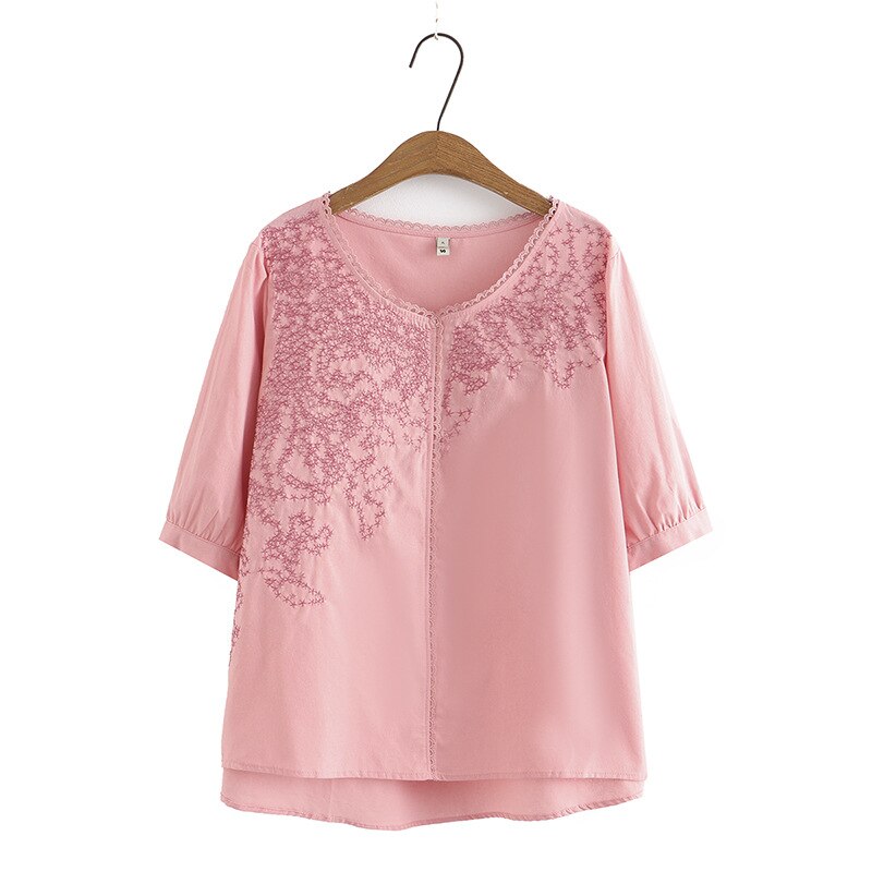 Women Summer Washed Cotton Cross Embroidery V-Neck Tees Middle Aged Tops Oversized Curve Clothes