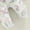 Baby Girls Casual Jumpsuit Bowknot Round Neck Short Sleeve Ribbed Patchwork Jacquard Floral Long Romper Clothes