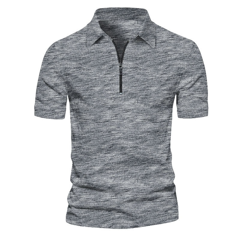 Summer Men Solid Polo Neck Short Sleeve Zipper Cotton Comfortable Breathable T-shirt Men Casual Loose Top