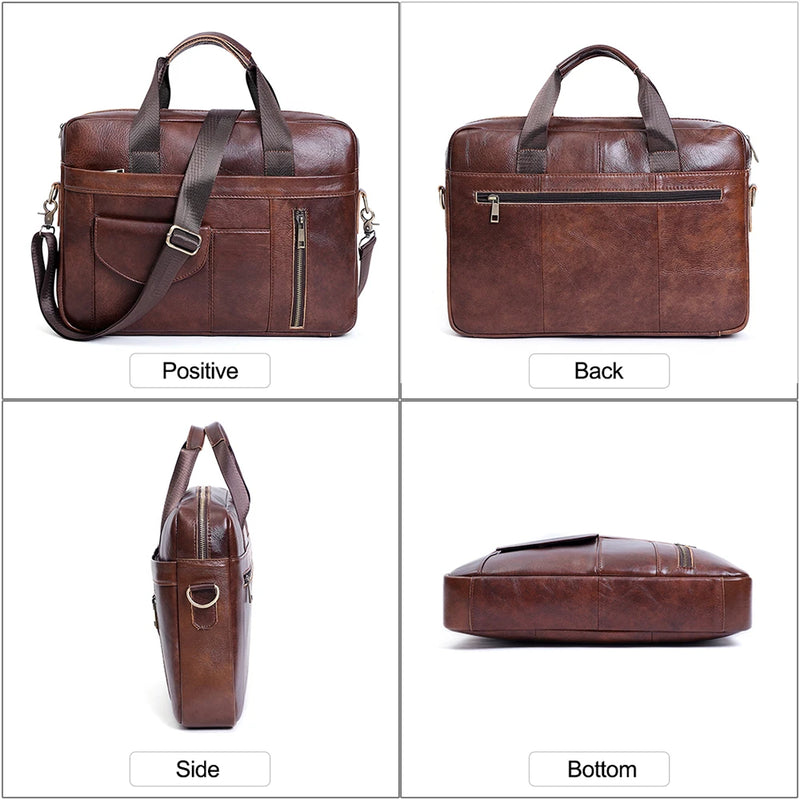 Genuine Leather Laptop Briefcase for Men Retro Travel Messenger Bags 15.6 Inch High Capacity Shoulder Bag