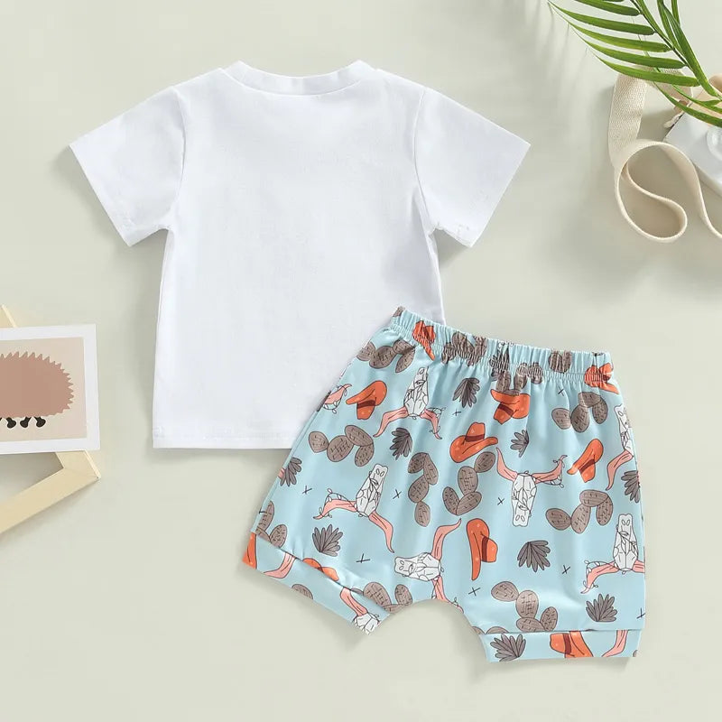 Baby Girls Summer Outfit Cactus Short Sleeved T-shirt and Elastic Casual Drawstring Shorts Clothes Sets