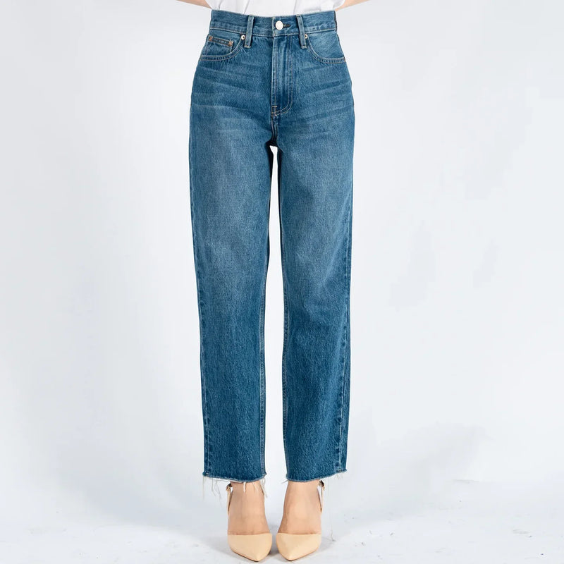Spring/Summer European and American High Waist Retro Wash Blue Straight Leg Jeans with Topstitching and Raw Edges