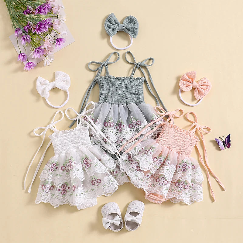 Baby Girl Romper Dress Outfit Tie-up Embroidery Flower Rompers with Bowknot Hairband