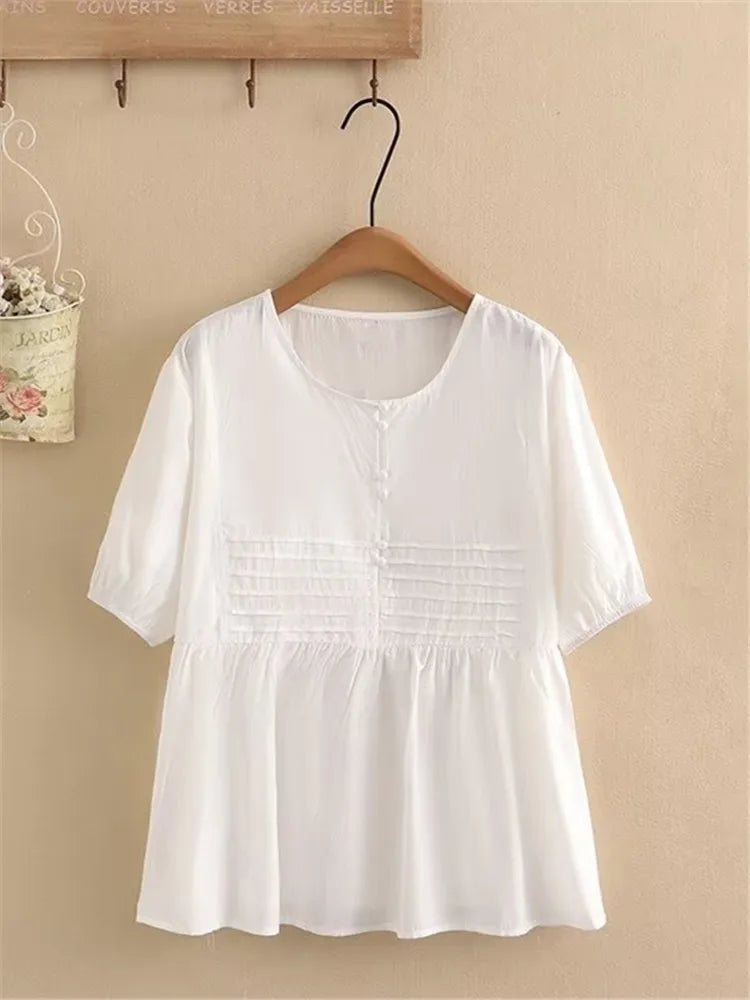 Women Clothing Summer Short Sleeve Shirt Non-Stretch Thin Top Jumper With Buttons Front With Three