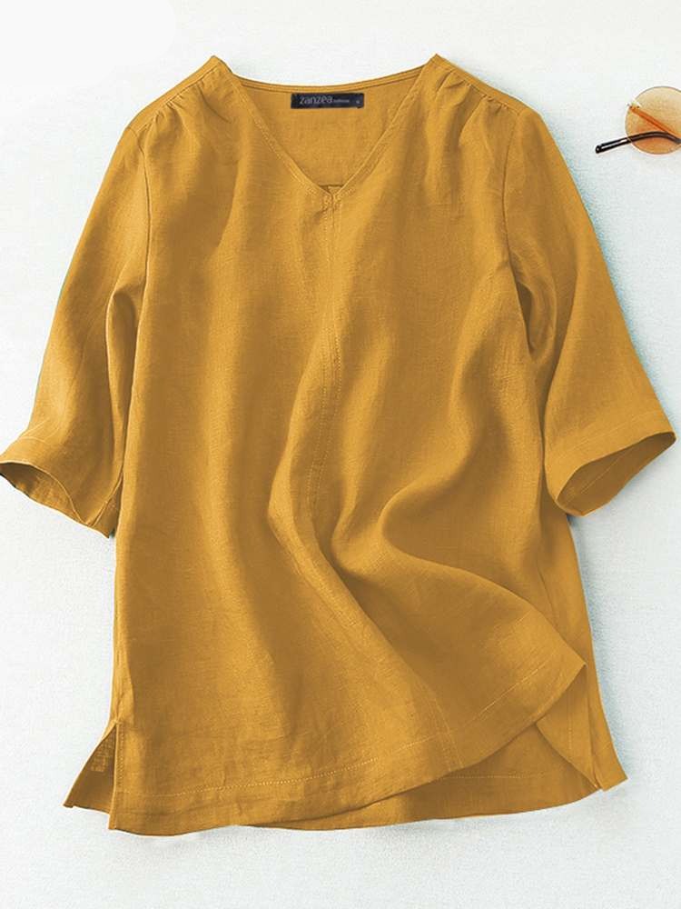 Summer Casual Tops Woman Half Sleeve V-Neck Blouse Female Solid Cotton Shirt Loose Tunic Chemise Oversized