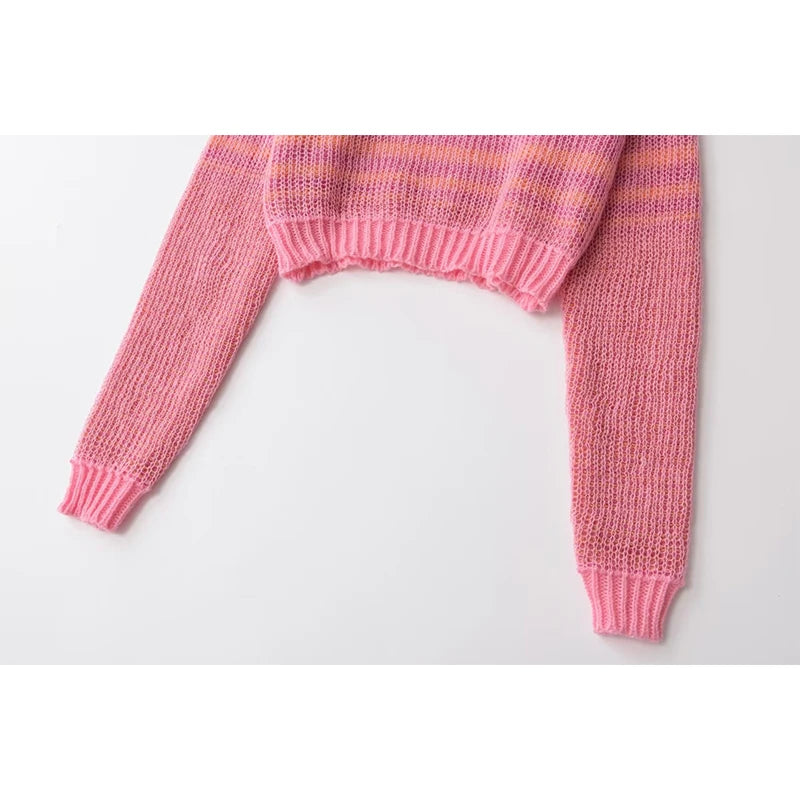 Autumn Women Long Sleeve Round Neck Striped Crop Knit Sweater