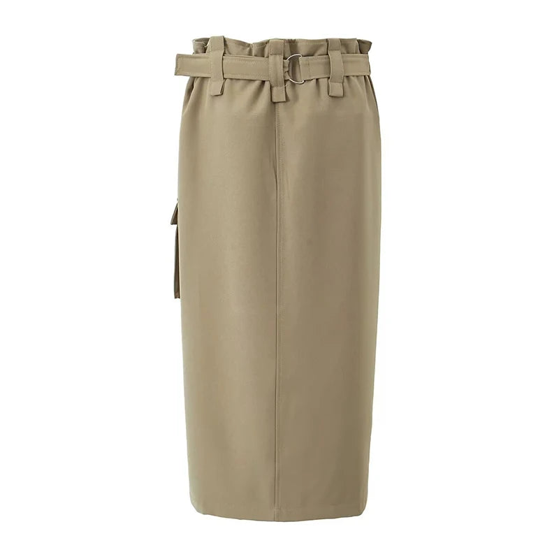 Low Waist With Belt Safari Midi Skirt Women Vintage Pocket Straight Skirts