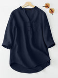 Women Autumn Solid Blouse Three Quarter Sleeve V-Neck Shirt Femme Causal Elegant Tops Oversized Holiday Blouse