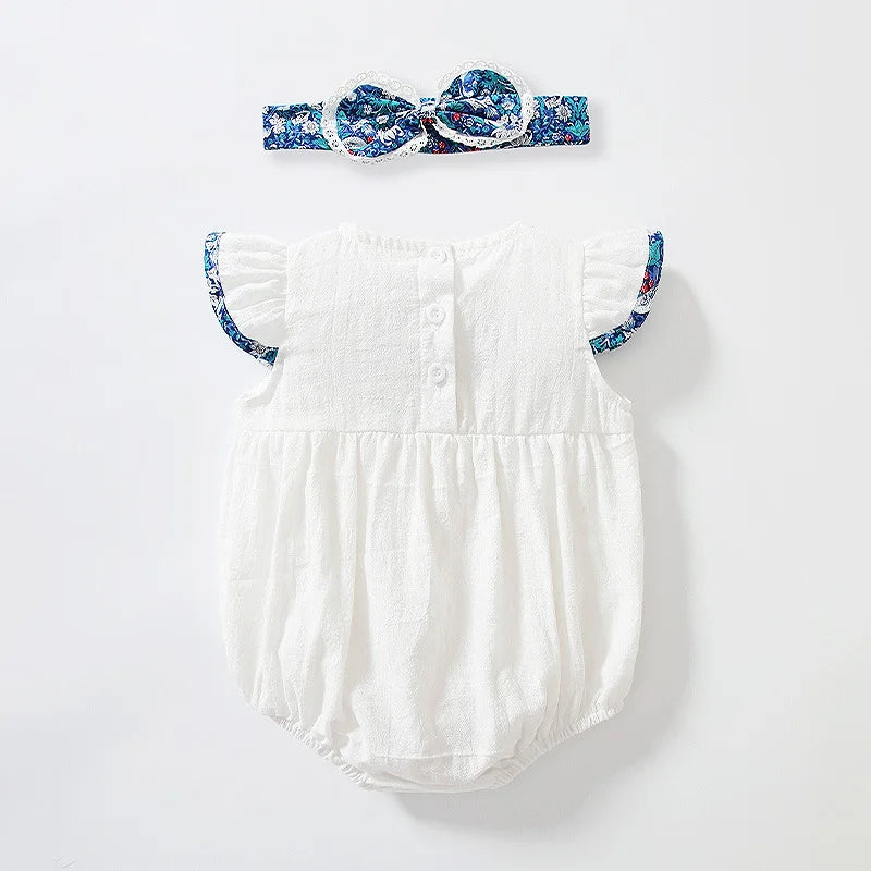 Summer Floral Lapel Romper with Headband for Baby Girls Dress for Party Birthday