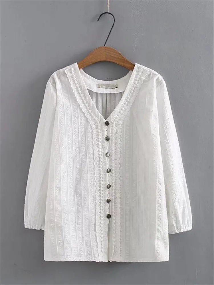Women's Clothing Shirts Spring And Summer Solid Cotton Top With Self Jacquard Texture Non-Stretch Cardigan