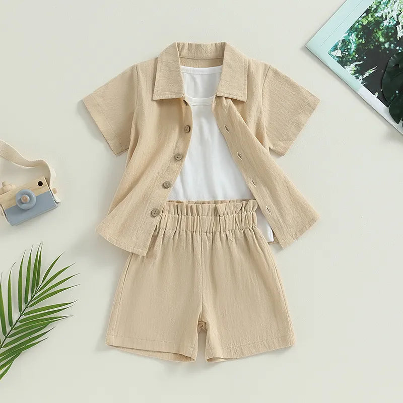 Summer Kids Girl Outfits Solid Color Tops Turn-Down Collar Shirts Elastic Waist Shorts
