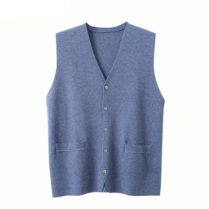 Mens Pure Cashmere Cardigan Waistcoat Autumn Winter V-Neck Young Knit Top High-End Jacket Vest Casual Sleeveless Sweater