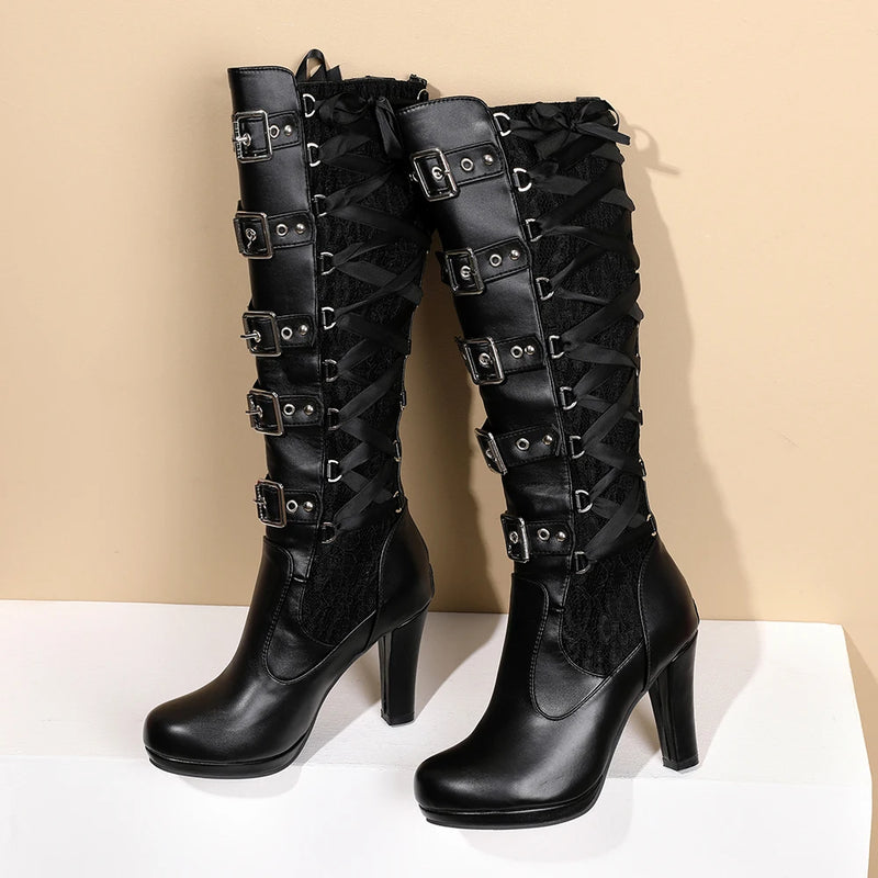 Women's Belt Buckle Knee High Boots Winter Keep Warm Female Lace Long Boot Gothic Mature Ladies Platform Knee Boottes