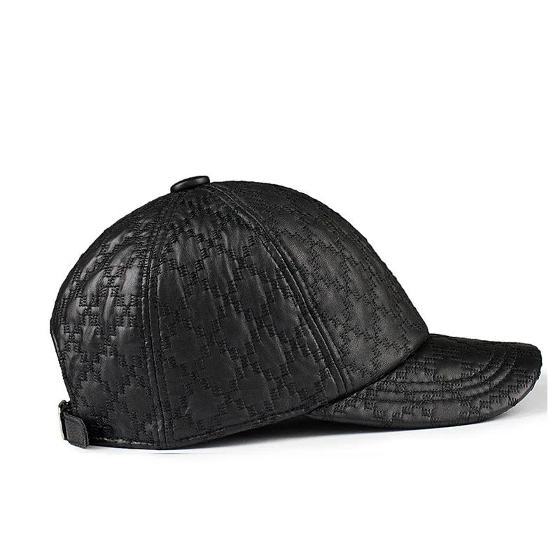 Men Hats Genuine Leather Rhombus Check Embroidered Baseball Cap Retro Casual