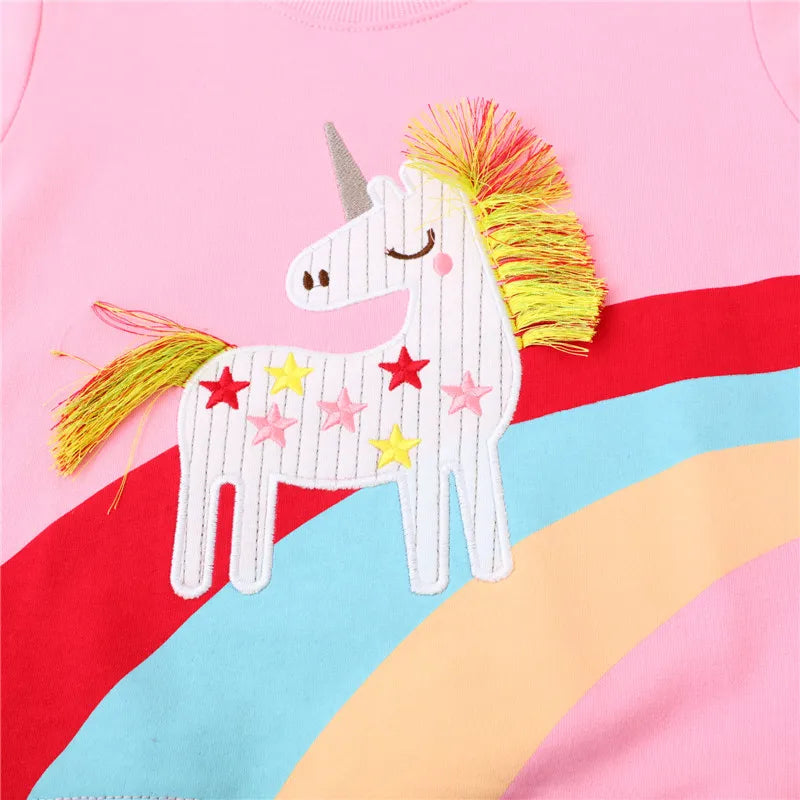 Unicorn Embroidery Autumn Winter Pink Grey Girls Sweatshirts Cotton Children's Costume