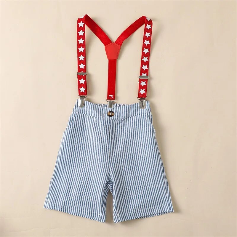 Baby Boys Gentleman Outfit Summer Solid Color Short Sleeve Romper Top and Casual Star Striped Suspender Shorts Set