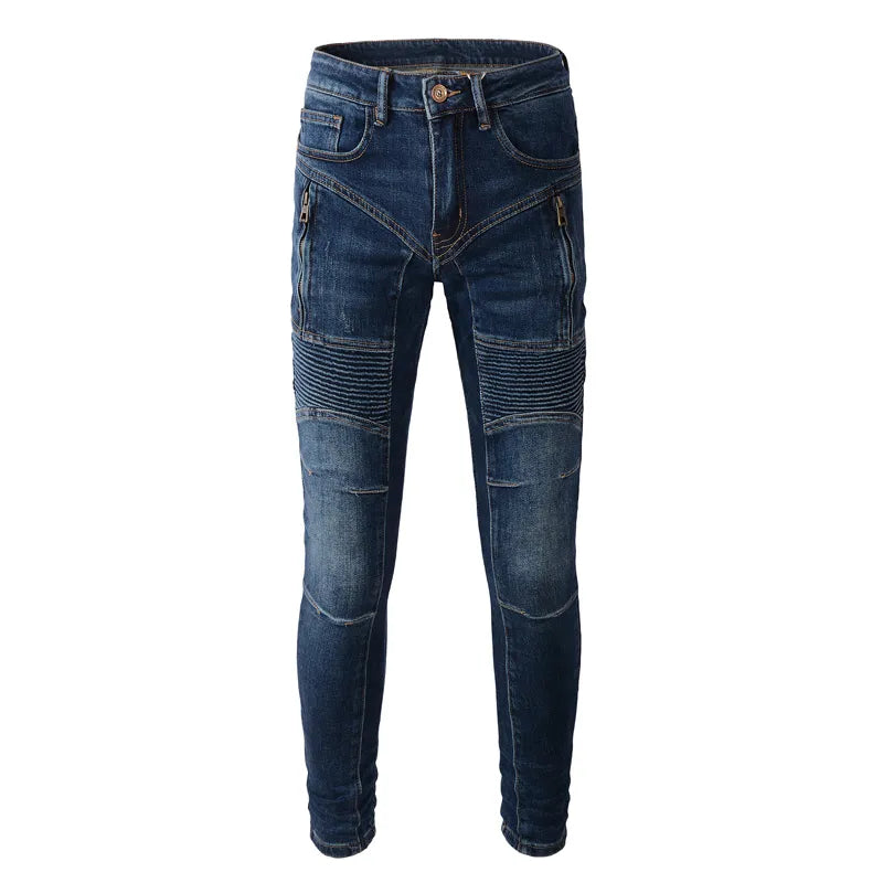 Men Jeans Retro Blue Elastic Slim Fit Spliced Biker Jeans Men Zipper Designer Patched Hip Hop Pants