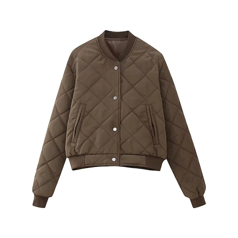 Vintage Quilted Cropped Bomber Jacket For Women Long Sleeve Single Breasted Autumn Outfits Female Army Green Outerwear