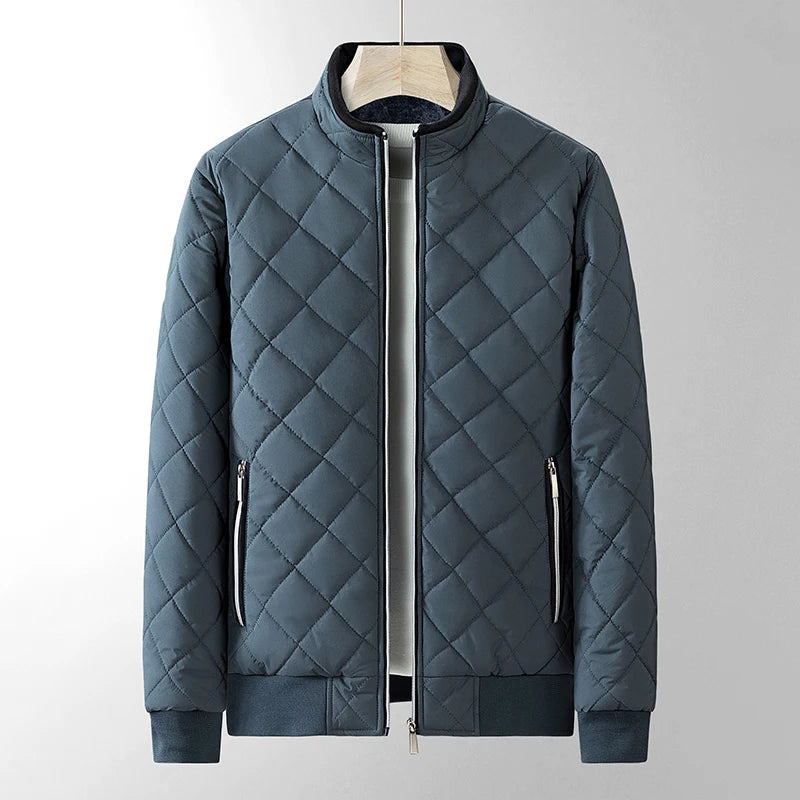 Men's Fleece Slim Coat Metal Zipper Collar Jacket Diamond Plaid Windproof Quilted Jacket Aviator Jacket