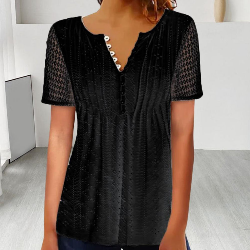 Summer Ladies Shirt Button Half Placket Lace Hollow Out Short Sleeve Solid See-through Women Blouses Top T-shirts
