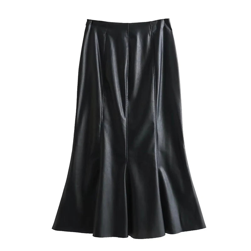 Women Pronounced Seams Black High Waist Faux Leather Midi Skirt