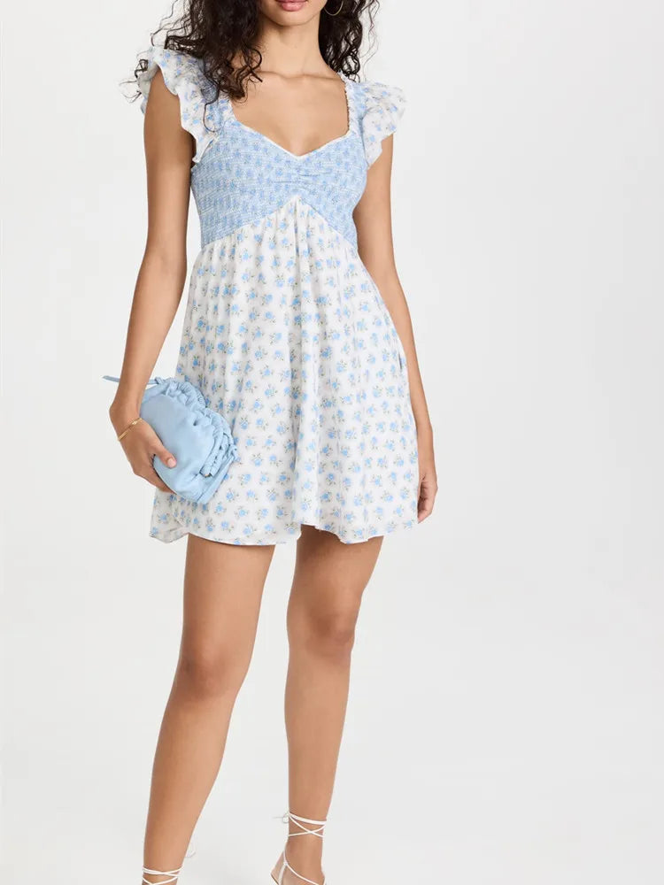 Spring Summer Vintage Casual Elastic High Waist Slim Flying Sleeves Square Neck Mini Short Dress Woman