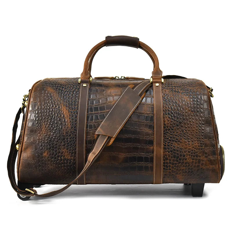 Genuine Leather Travel Duffel With Wheels Suitcases Male Business Trolley Case Big Carry On Rolling Luggage Weekend Bag