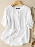 Casual Lace Patchwork Blouse Summer Half Sleeve O-Neck Tops Female Pure Cotton Pleated Design Vintage Tops