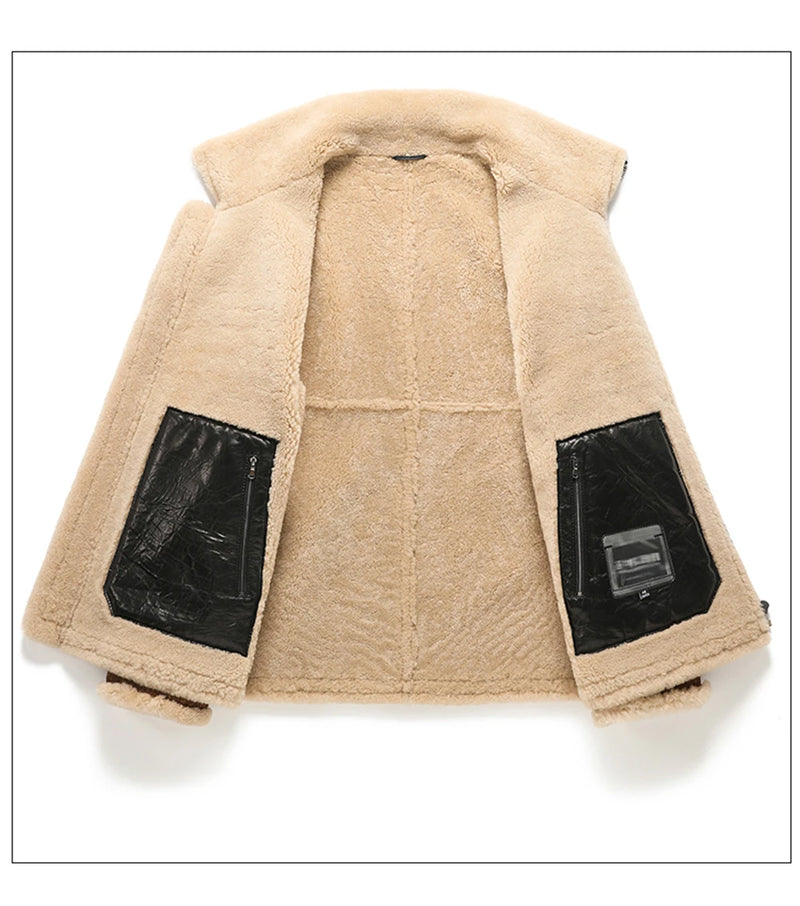 Shearling Fur Overcoat Men Thicken Genuine Leather Real Fur Coats