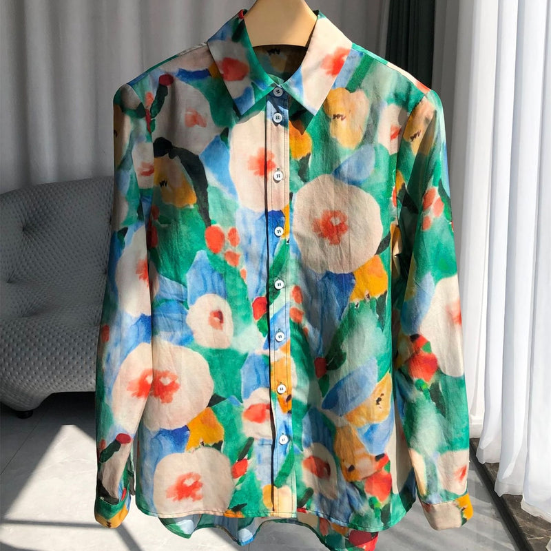 Women Floral Shirt Top Turn-Down Collar Single Breasted Lady Silk Cotton Blends Long Sleeve Blouse